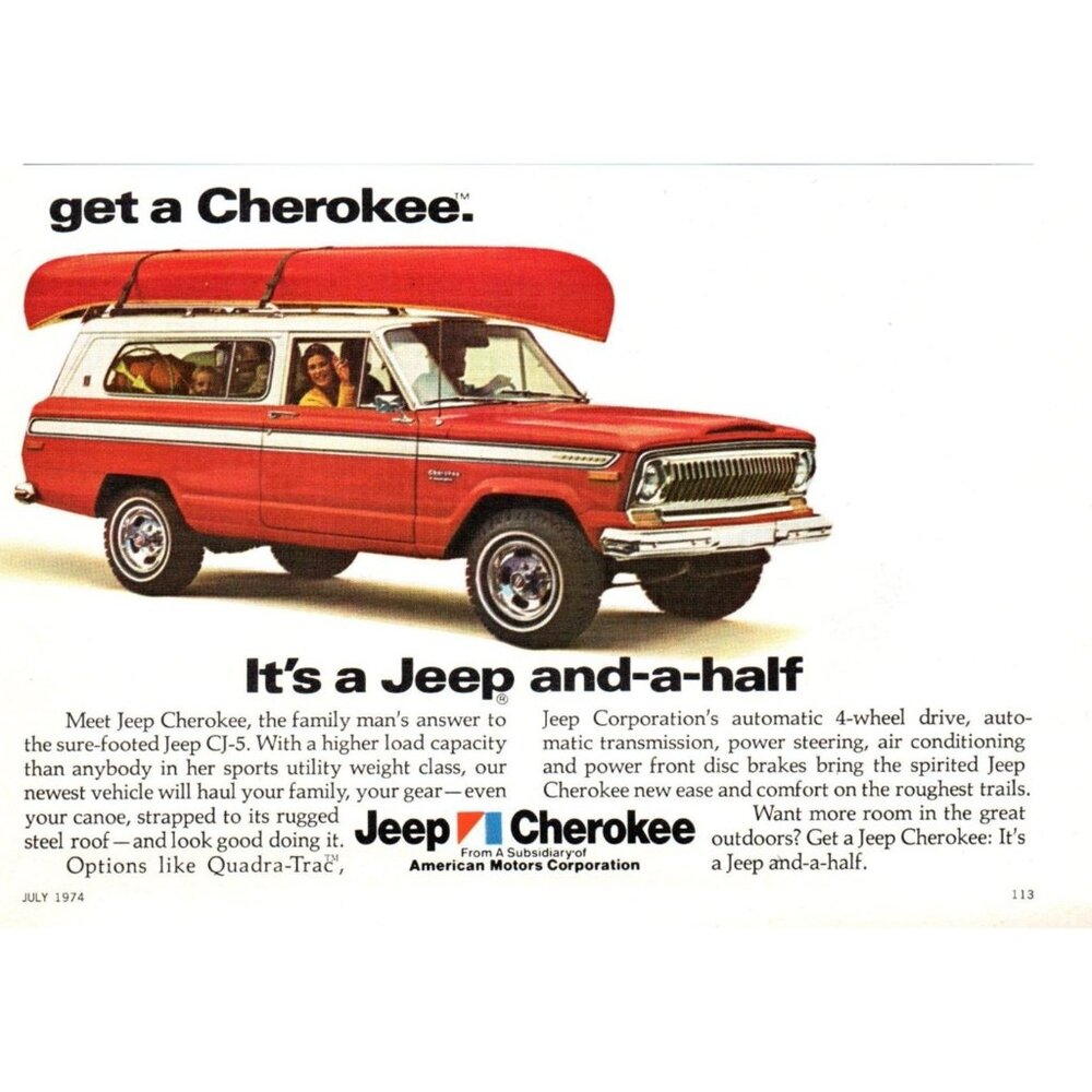 1974 Jeep Cherokee SUV Vintage Print Ad Canoe Roof Top Family Trip Wall Art
